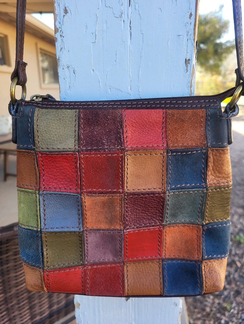 Fossil Vintage Patchwork Multi-Color Leather/ Suede Slim Crossbody Bag